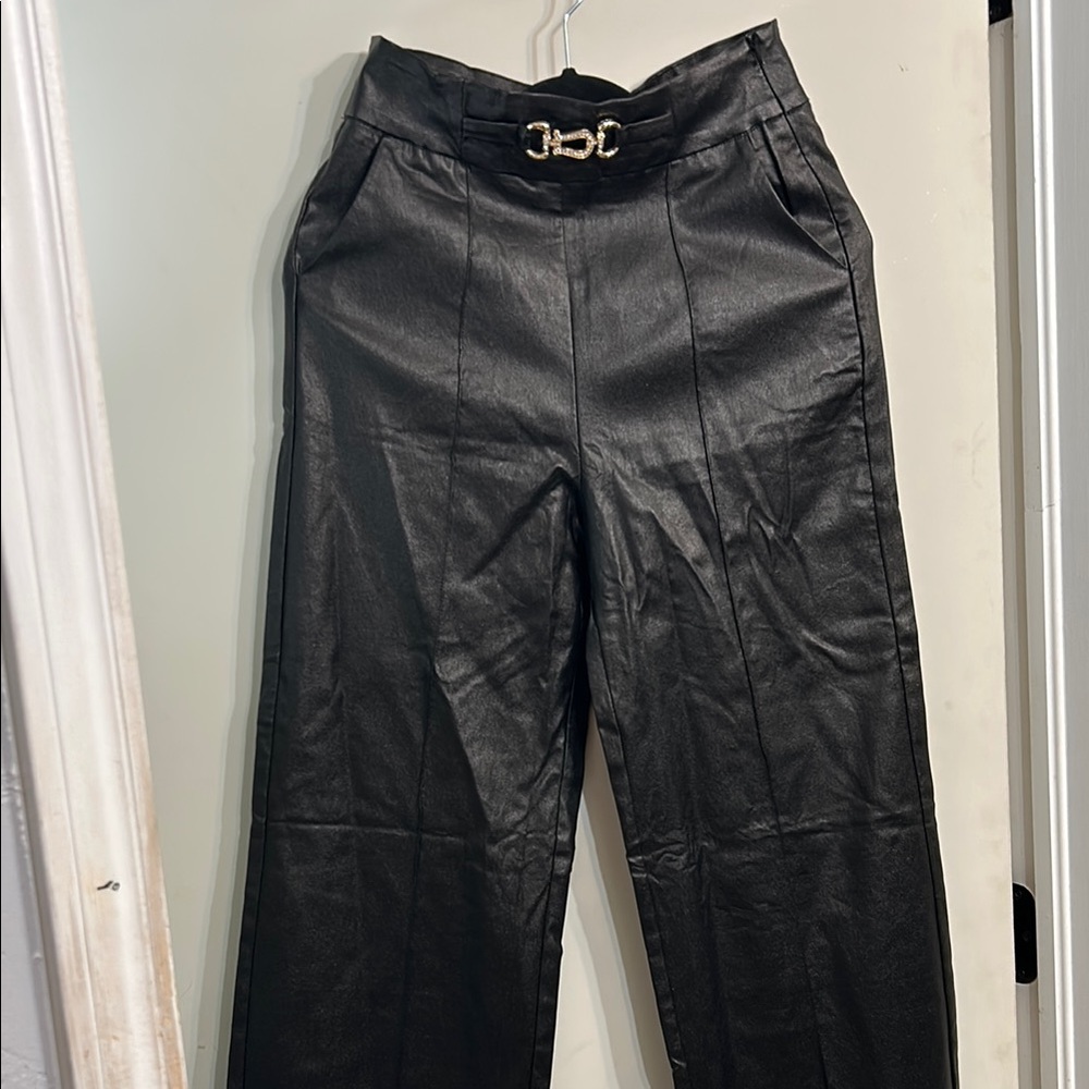 Chic Black Faux Leather Pants with Gold Buckle